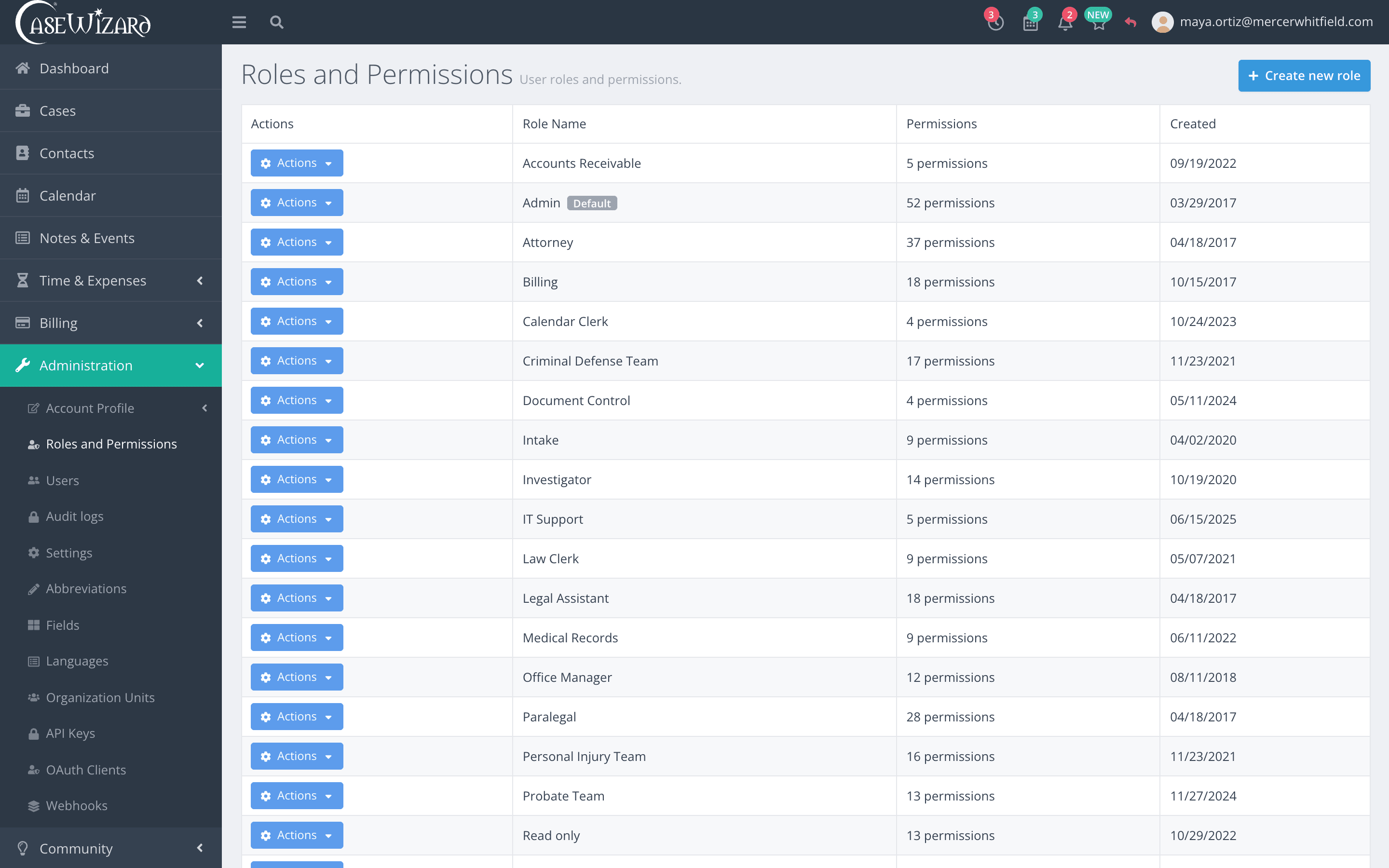 Roles and permissions, with roles such as attorney, paralegal, billing and read only, each with its own permissions
